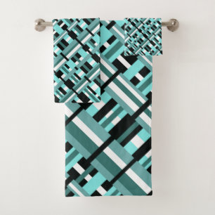 Plaid in Aqua, Teal, Black & White Diagonal  Bath Towel Set