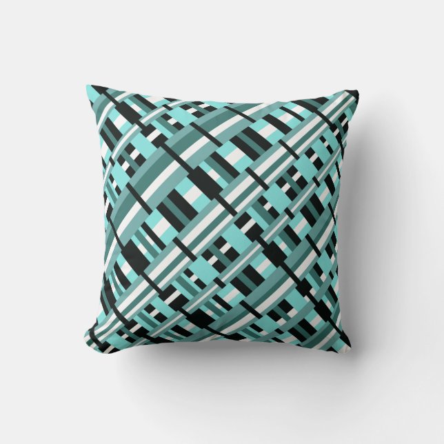 Plaid in Aqua, Teal, Black & White Diagonal Cushion (Front)