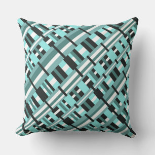 Plaid in Aqua, Teal, Black & White Diagonal Outdoor Cushion