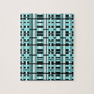 Plaid in Aqua, Teal, Black & White Jigsaw Puzzle