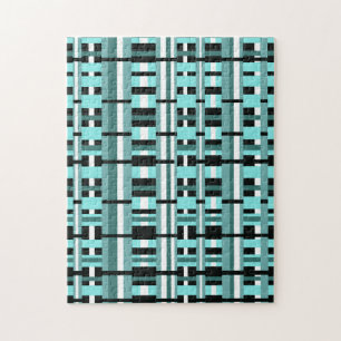 Plaid in Aqua, Teal, Black & White Jigsaw Puzzle