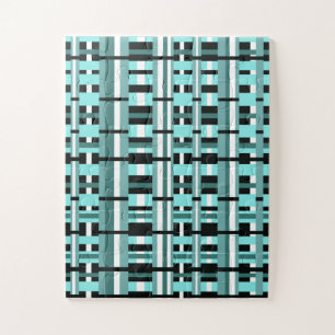 Plaid in Aqua, Teal, Black & White Jigsaw Puzzle
