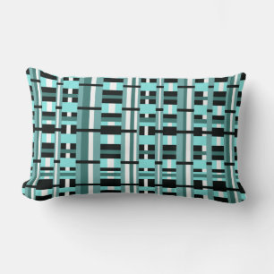 Plaid in Aqua, Teal, Black & White Lumbar Cushion