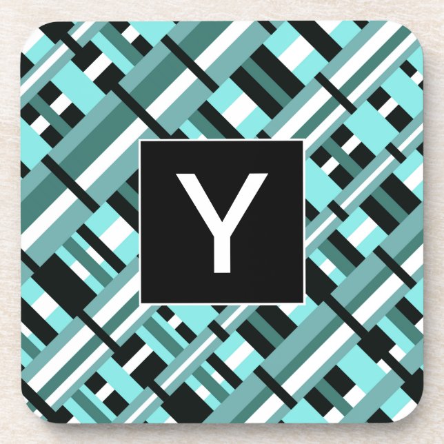 Plaid in Aqua, Teal, Black & White Monogram Coaster (Front)