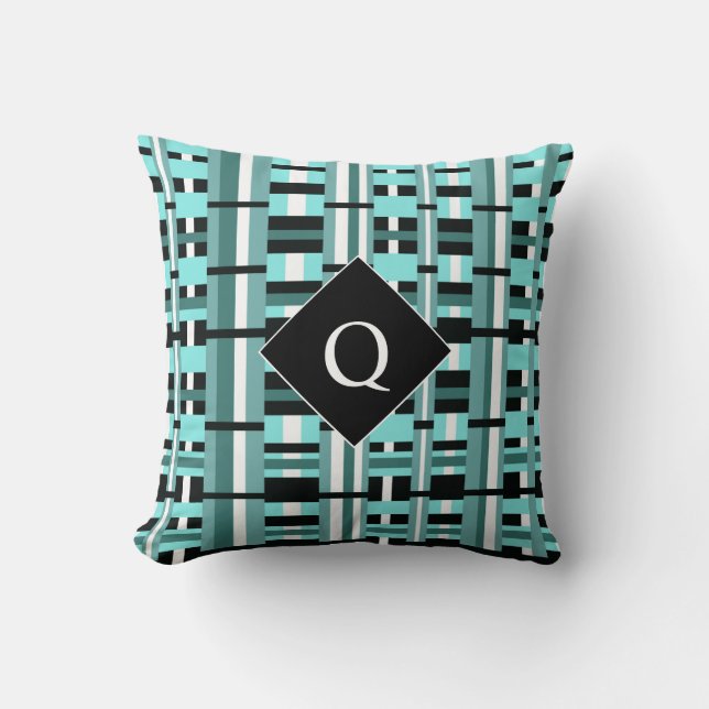 Plaid in Aqua, Teal, Black & White Monogram Cushion (Front)