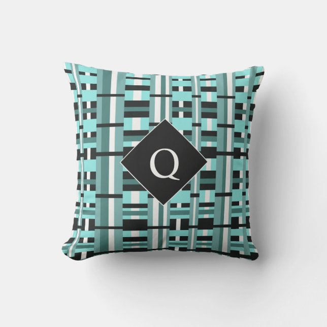 Plaid in Aqua, Teal, Black & White Monogram Cushion (Front)