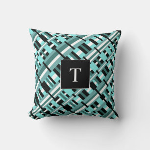 Plaid in Aqua, Teal, Black & White Monogram Cushion