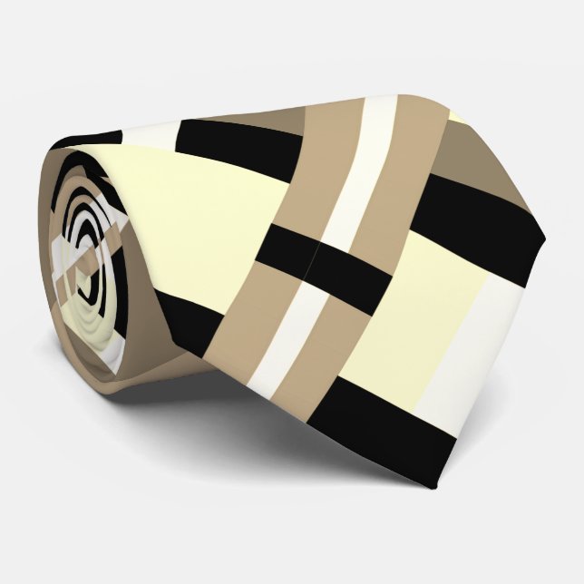 Plaid in Black, White, Cream, Tan & Taupe Tie (Rolled)