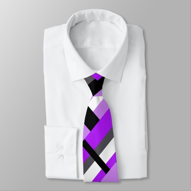 Plaid in Black, White, Grey & Purple Modern Tie (Tied)
