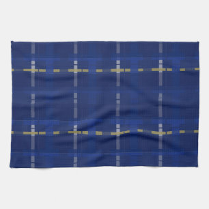 plaid in blue on blues, gold, & silver tea towel