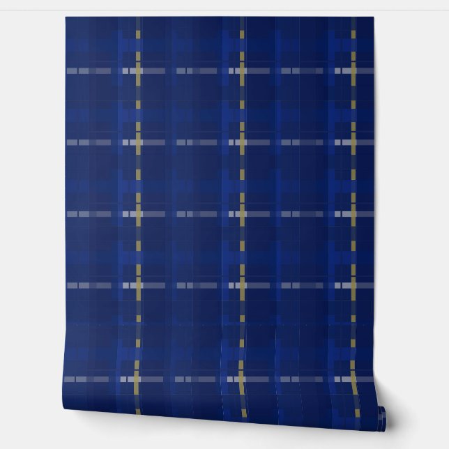 plaid in blue on blues, gold, & silver wallpaper (Unrolling)