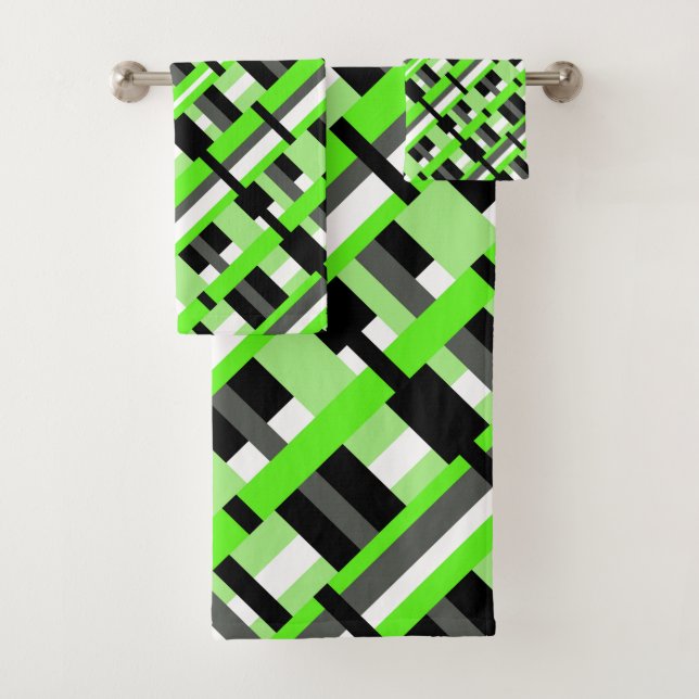 Plaid in Lime Green, Black & Grey Diagonal Bath Towel Set (Insitu)