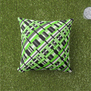 Plaid in Lime Green, Black & Grey Diagonal Outdoor Cushion