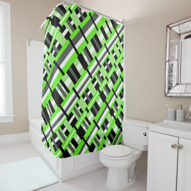 Plaid in Lime Green, Black & Grey Diagonal Shower Curtain (In Situ)