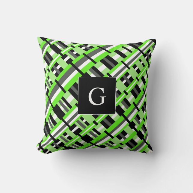 Plaid in Lime Green, Black & Grey Monogram Cushion (Front)