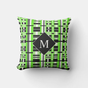 Plaid in Lime Green, Black & Grey Monogram Cushion
