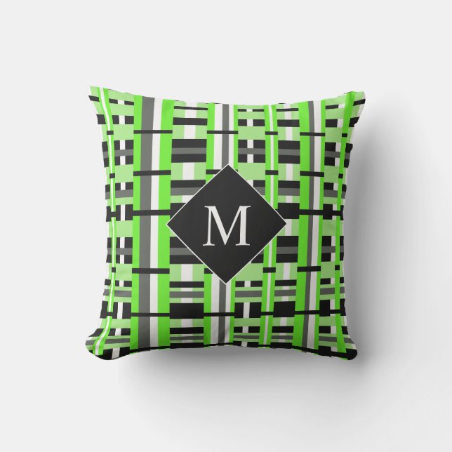Plaid in Lime Green, Black & Grey Monogram Cushion (Front)