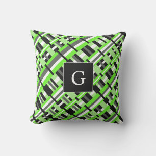 Plaid in Lime Green, Black & Grey Monogram Outdoor Cushion