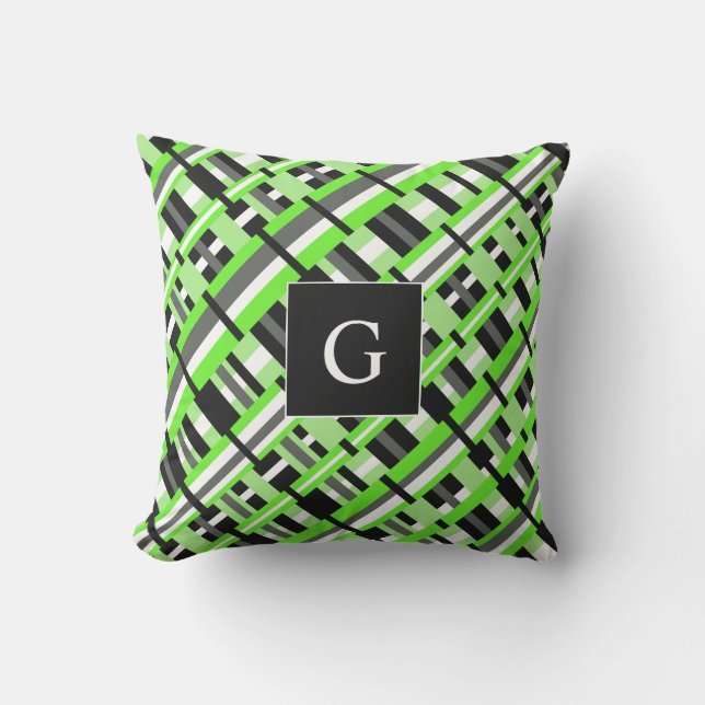 Plaid in Lime Green, Black & Grey Monogram Outdoor Cushion (Front)