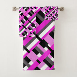 Plaid in Pink, Black & Grey Diagonal  Bath Towel Set