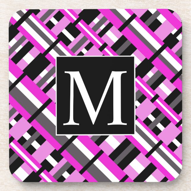 Plaid in Pink, Black & Grey Diagonal Monogram Coaster (Front)
