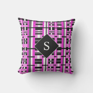 Plaid in Pink, Black & Grey Monogrammed Cushion