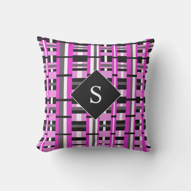Plaid in Pink, Black & Grey Monogrammed Cushion (Front)