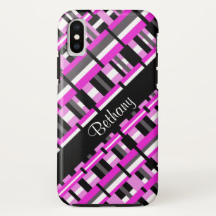 Plaid in Pink, Black & Grey Personalise Name iPhone X Case