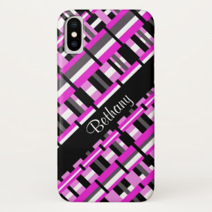 Plaid in Pink, Black & Grey Personalise Name iPhone X Case