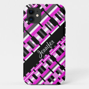 Plaid in Pink, Black & Grey Personalise Name iPhone 11 Case