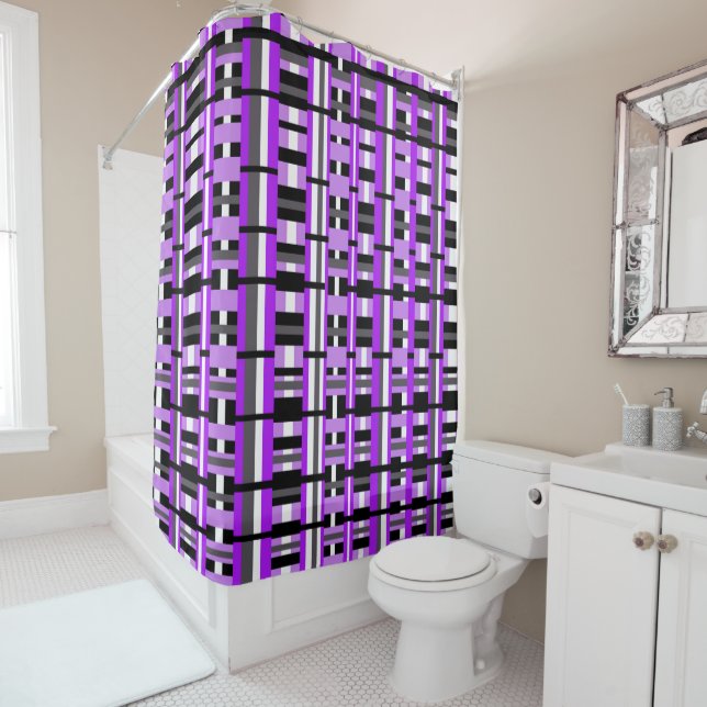 Plaid in Purple, Black & Grey Bold Shower Curtain (In Situ)