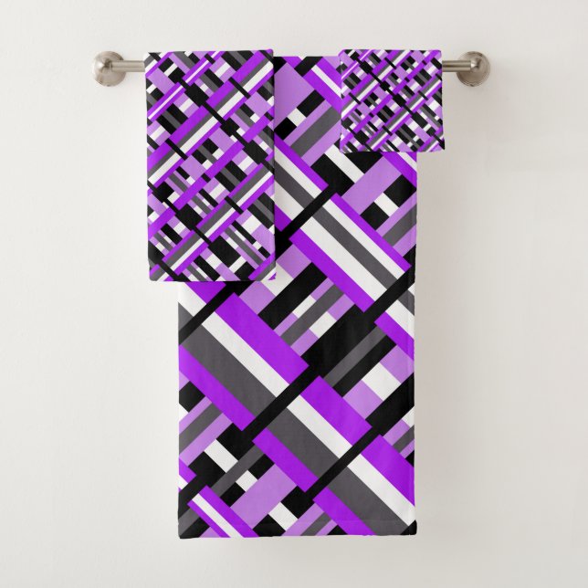 Plaid in Purple, Black & Grey Diagonal Bath Towel Set (Insitu)