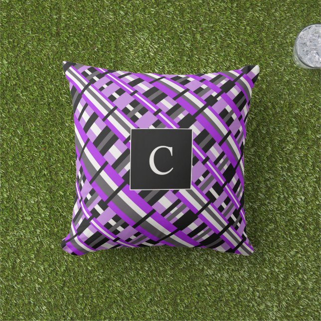 Plaid in Purple, Black & Grey Diagonal Monogram Outdoor Cushion (Grass)