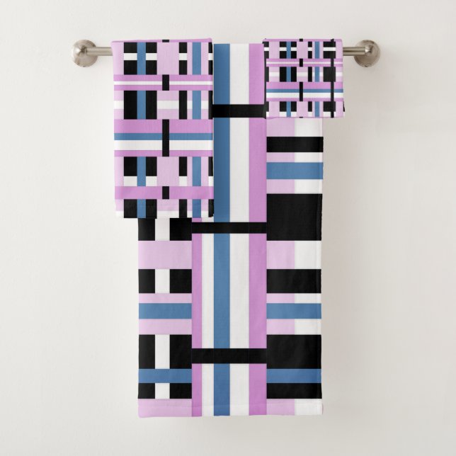 Plaid in Slate Blue, Orchid, Black & White Bath Towel Set (Insitu)