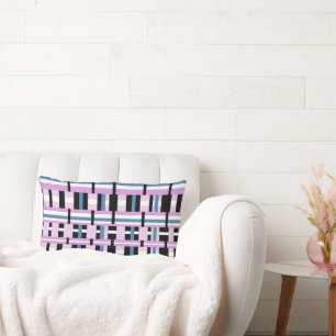 Plaid in Slate Blue, Orchid, Black & White Lumbar Cushion