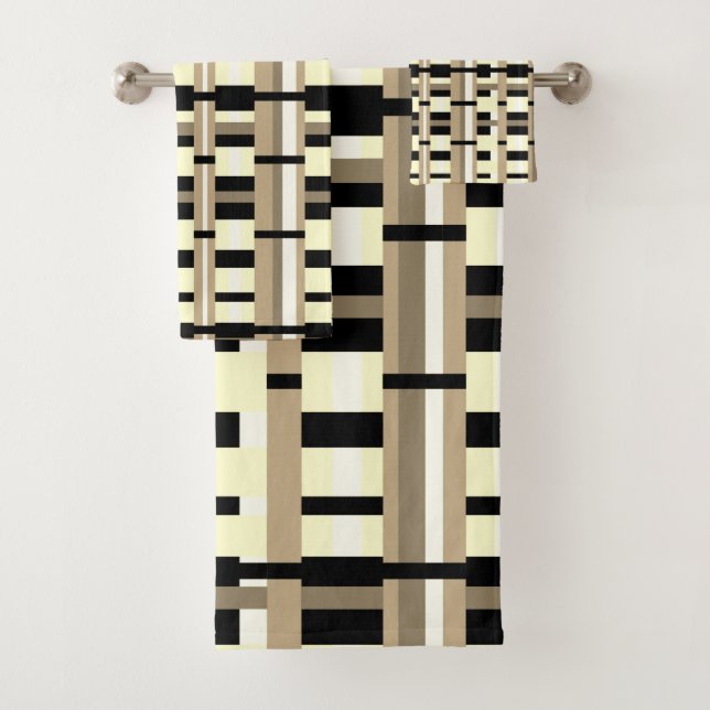 Plaid in Taupe, Tan, Black, White Modern Bath Towel Set (Insitu)