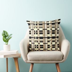 Plaid in Taupe, Tan, Black, White Modern Cushion