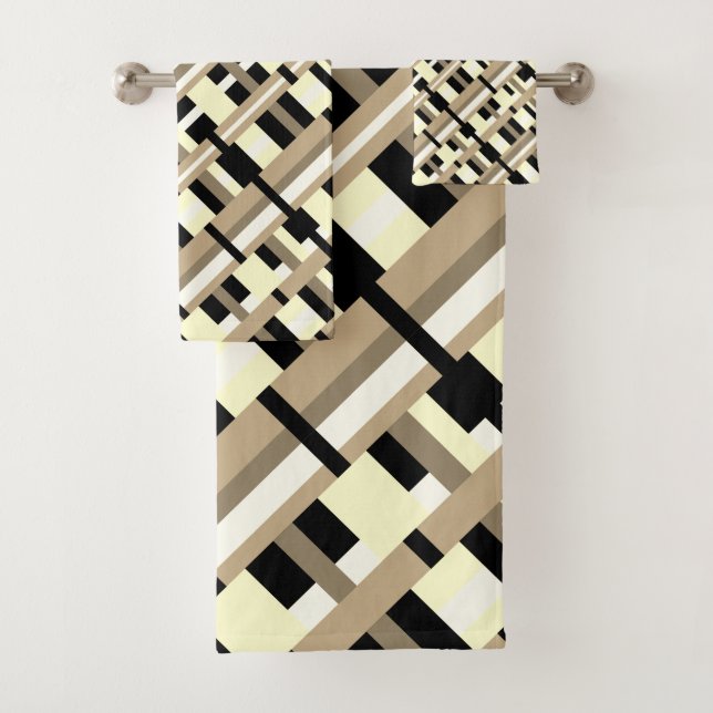 Plaid in Taupe, Tan, Black, White Modern Diagonal Bath Towel Set (Insitu)