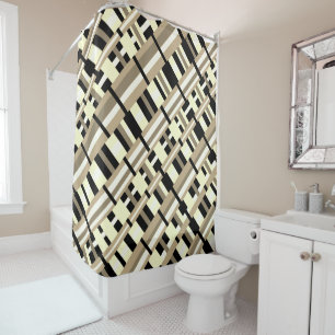 Plaid in Taupe, Tan, Black, White Modern Diagonal Shower Curtain