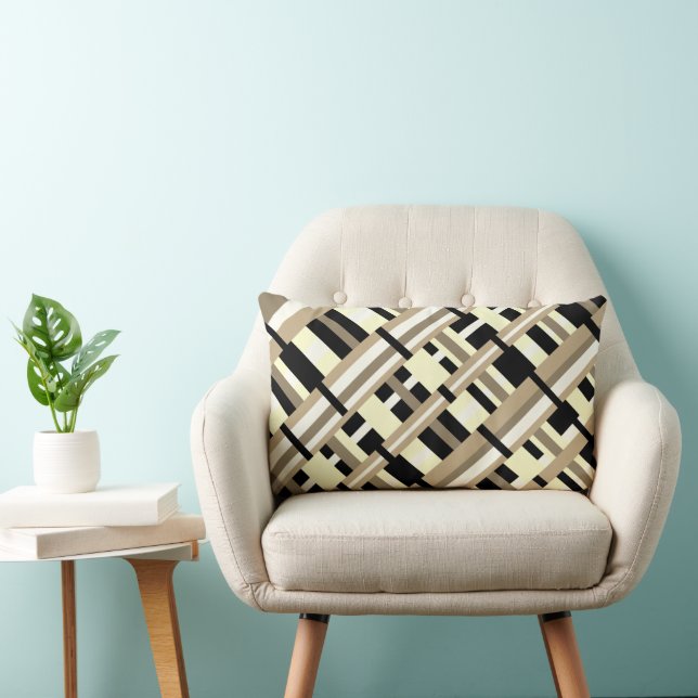 Plaid in Taupe, Tan, Black, White Modern Lumbar Cushion (Chair)