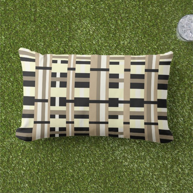 Plaid in Taupe, Tan, Black, White Modern Lumbar Cushion (Grass)