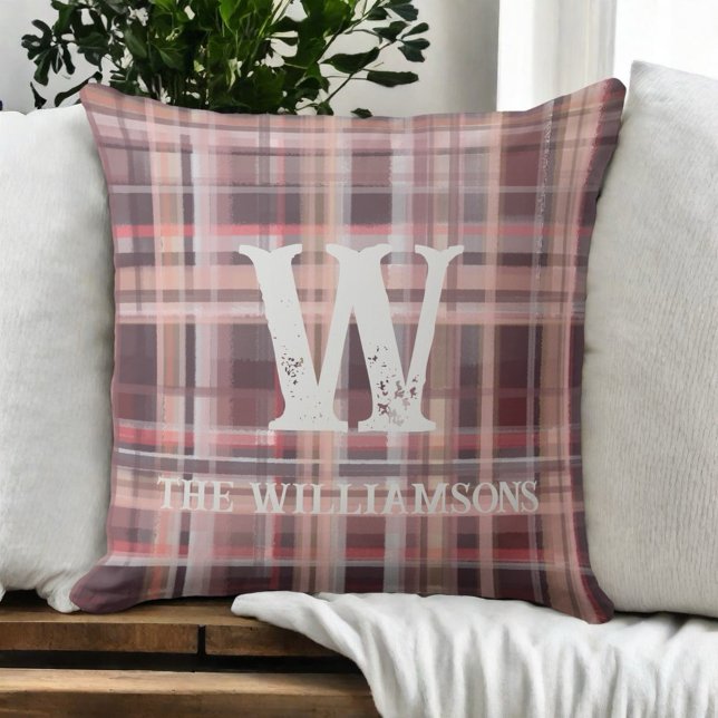 Plaid initial script red blush burgundy peach pink cushion (Creator Uploaded)