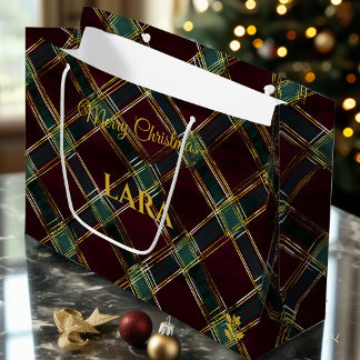 Plaid-Inspired Burgundy and Green Christmas Custom Large Gift Bag