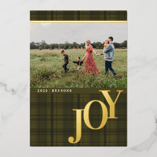 Plaid JOY Army Green Real Foil Holiday Card