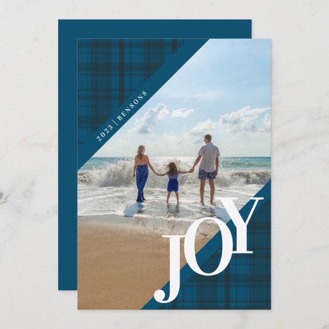 Plaid JOY Diagonal Blue Holiday Card (Front/Back)