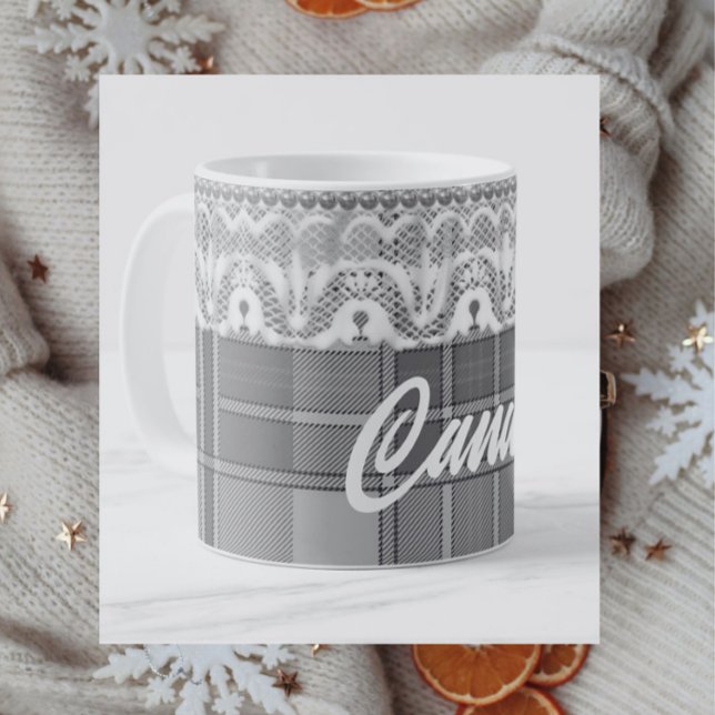 Plaid lace black white grey cute coffee mug (Creator Uploaded)