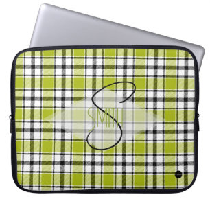 Plaid Laptop Cover w lime green, black and white