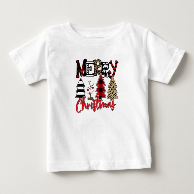 Plaid & Leopard Christmas Trees Baby T-Shirt (Front)