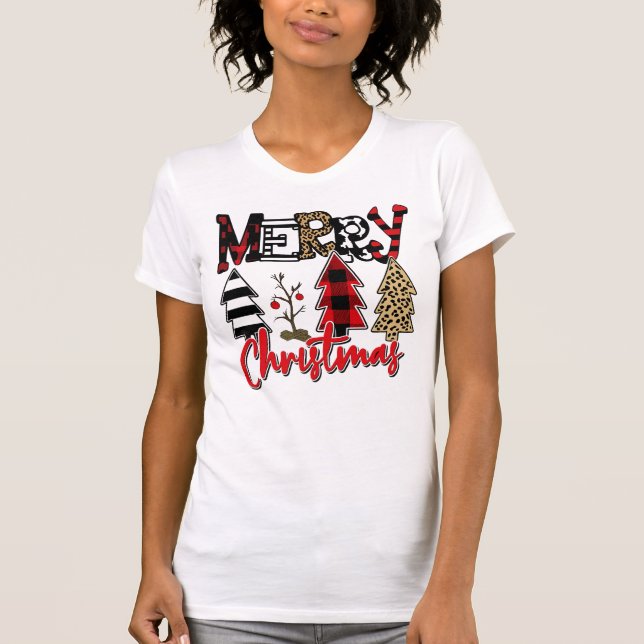 Plaid & Leopard Christmas Trees T-Shirt (Front)