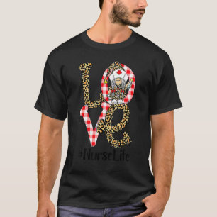 Plaid Leopard Gnome LOVE Nurse Life Funny Valentin T-Shirt